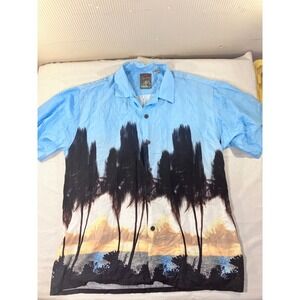Mens 100 Percent Rayon Tropical Palm Tree Sunset Hawaiian Shirt Size L